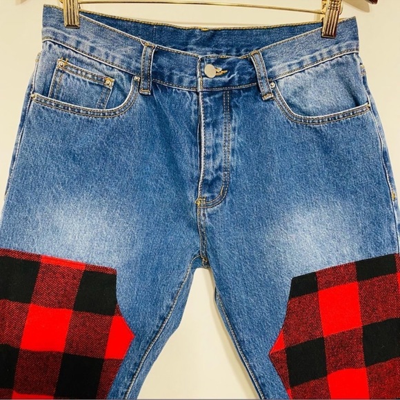 [NWOT] MNML Mens Medium Blue Red Plaid Patchwork Denim Jeans Size 36 - Picture 5 of 10